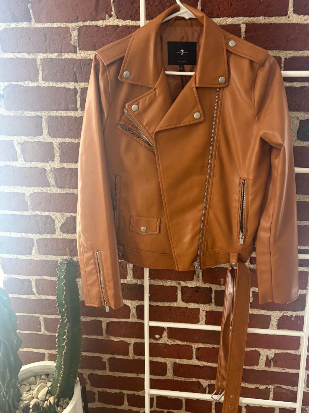 7 For All Mankind Camel Vegan Leather Moto Jacket Small BNWT